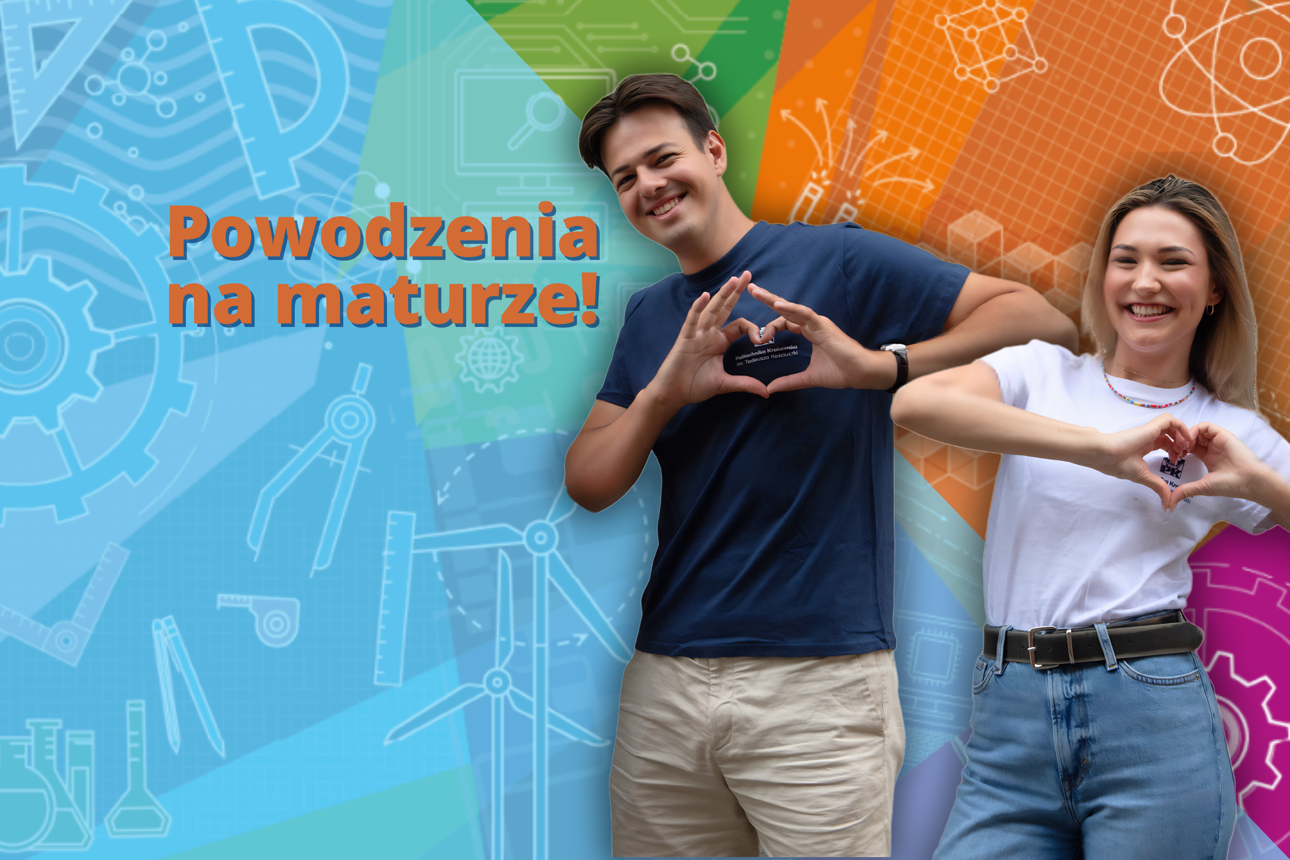 Uśmiechnięta młoda kobieta w żółtej koszulce i okrągłych żółtych okularach stoi na jasnym tle z palcami skrzyżowanymi na szczęście. Po lewej stronie znajduje się kolorowy napis: 'Powodzenia na maturze', gdzie słowo 'Powodzenia' jest niebieskie, a 'na maturze' w kolorze fioletowym. W tle widoczne są kolorowe geometryczne wzory i kropki.