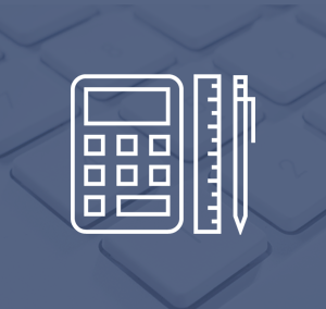 Obrazek wyróżniający, matematyka-biała ikonka z kalkulatorem, linijką i ołowkim na tle granatowego zdjecia klawiatury komputerowej