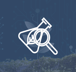 Biotechnologia przemysłowa — biała ikonka z liściem w zlewce i lupką na tlegranatowego obrazka