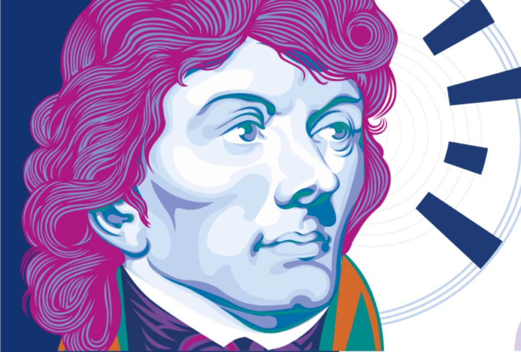 Stylizowany portret Tadeusza Kościuszki: niebiesko zielona twarz, liliowo amarantowe włosy, w tle granatowe okręgi i romby