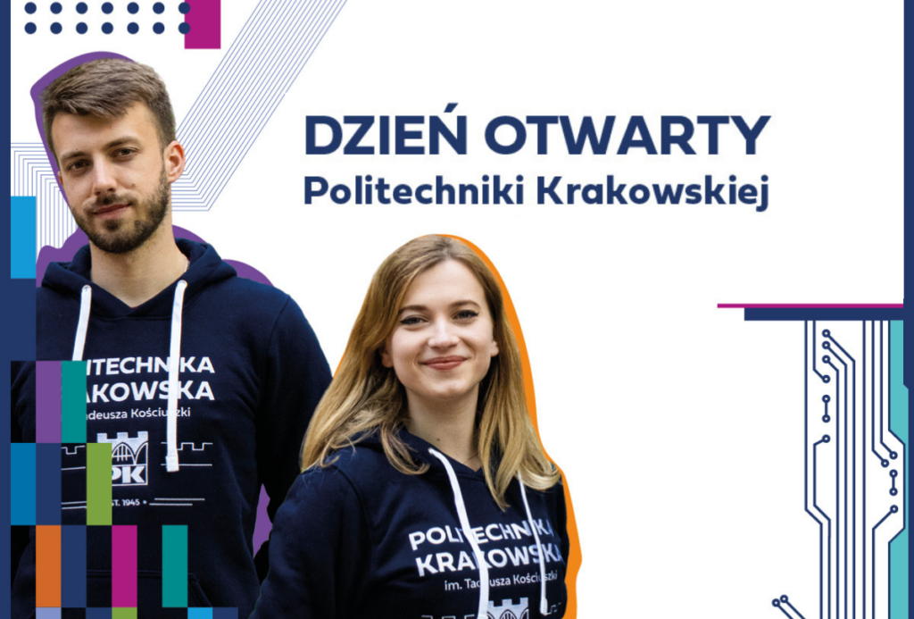 Na białym tle stoi dwoje studentów: mężczyzna i kobieta, w granatowych bluzach z logo PK
