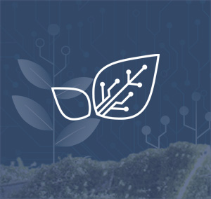 biała ikonka:liść z układami scalonymi na tle granatowego zdjecia