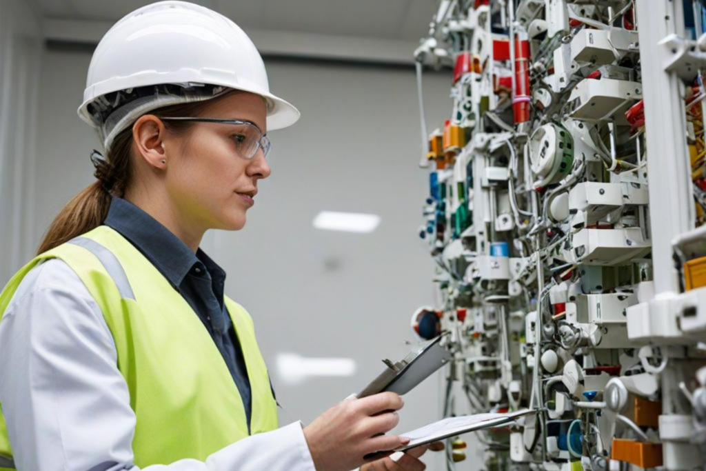 Młoda kobieta w kasku, odblaskowej kamizelce i googlach ochronnych sprawdza skomplikowane urządzenie.