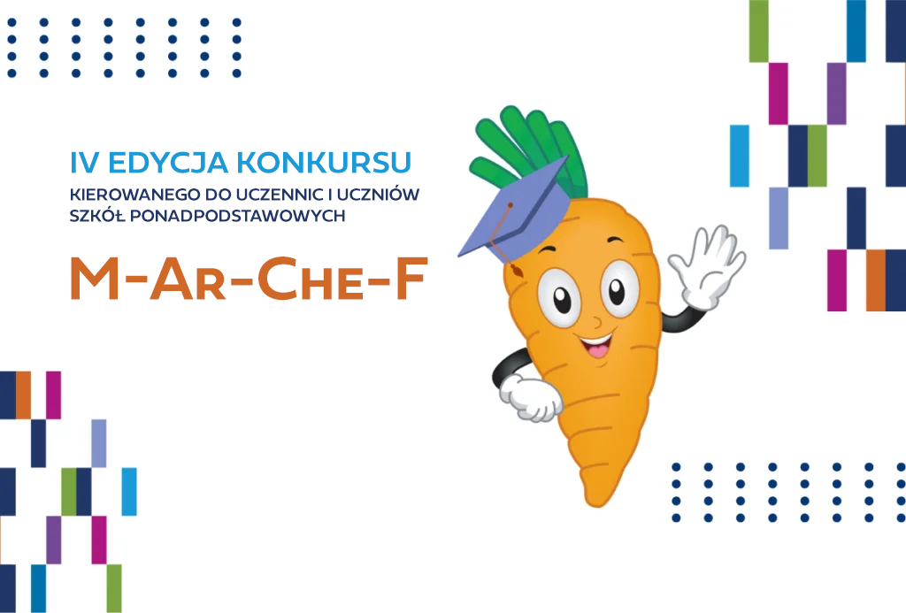 Grafika promująca konkurs. Na białym tle kolorowe prostokąty i rysunkowa marchewka w birecie