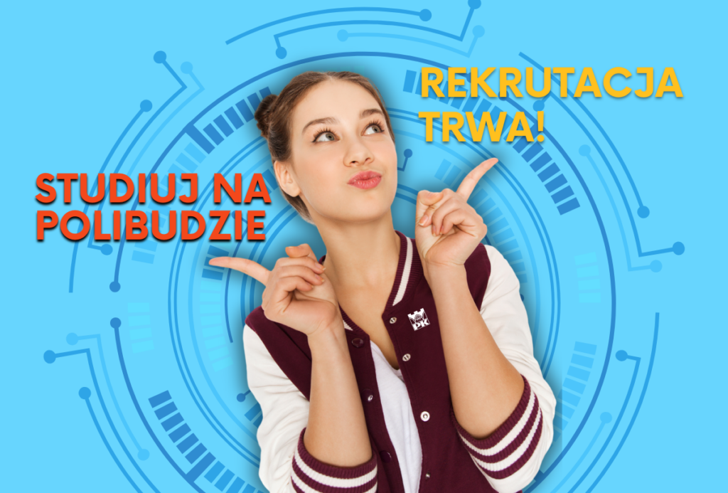 Na grafice znajduje się młoda kobieta z upiętymi włosami, ubrana w bordową bluzę z białymi rękawami i białą koszulkę. Stoi na niebieskim tle z graficznymi elementami przypominającymi futurystyczny interfejs cyfrowy – okręgi, linie i punkty. Kobieta patrzy w bok z lekkim uśmiechem, wskazując oburącz palcami w przeciwnych kierunkach, jakby sugerowała wybór lub decyzję. W tle widoczne są kolorowe kształty geometryczne