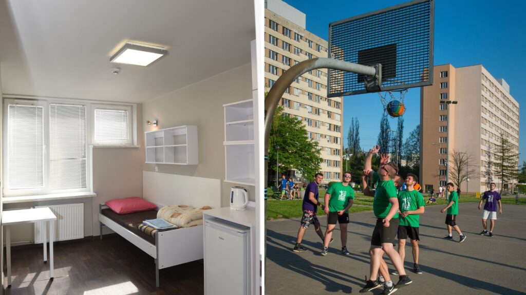 Na podwójnym zdjęciu, umieszczonym obok siebie, widoczne są dwa ujęcia, które przedstawiają aspekty życia studenckiego.

Po lewej stronie znajduje się wnętrze pokoju w akademiku. Jest to proste, ale funkcjonalne pomieszczenie z białymi ścianami. Przy ścianie po prawej stronie stoi pojedyncze łóżko z różową poduszką i beżową narzutą. Nad nim wiszą białe, otwarte półki ścienne, a poniżej nich, na białym blacie, stoi biały czajnik elektryczny oraz mała, biała lodówka. Po lewej stronie pokoju znajdują się dwa okna, zakryte białymi żaluzjami, a pod nimi umieszczony jest biały grzejnik. W rogu, pod oknem, stoi mały, biały stolik. Na suficie widać kwadratową lampę.

Po prawej stronie zdjęcia znajduje się scena na zewnątrz, przedstawiająca grupę młodych mężczyzn grających w koszykówkę na boisku. W centrum kadru dominuje metalowa konstrukcja kosza z siatką, do której właśnie wpada pomarańczowa piłka do koszykówki. Większość mężczyzn ubrana jest w zielone koszulki, natomiast jeden z nich ma na sobie fioletową koszulkę. W tle widać wysokie budynki mieszkalne, przypominające akademiki, oraz drzewa i fragment zielonej trawy. Na horyzoncie widoczne jest czyste, błękitne niebo.
