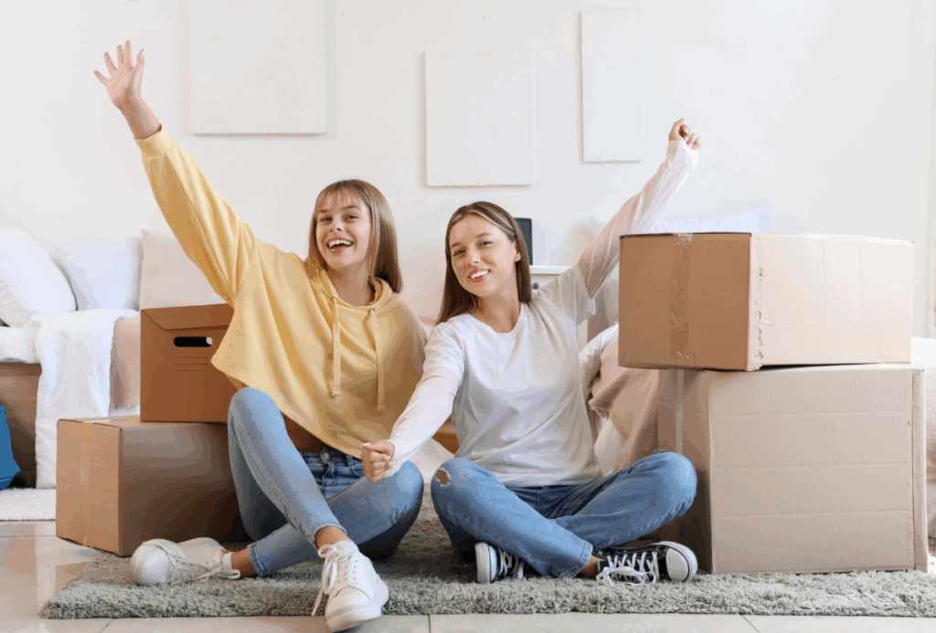 Dwie młode kobiety siedzą na dywanie wśród kartonów przeprowadzkowych w jasnym, przytulnym pokoju. Obie uśmiechają się i machają rękami, sprawiając wrażenie podekscytowanych nowym początkiem, prawdopodobnie w akademiku lub nowym mieszkaniu.