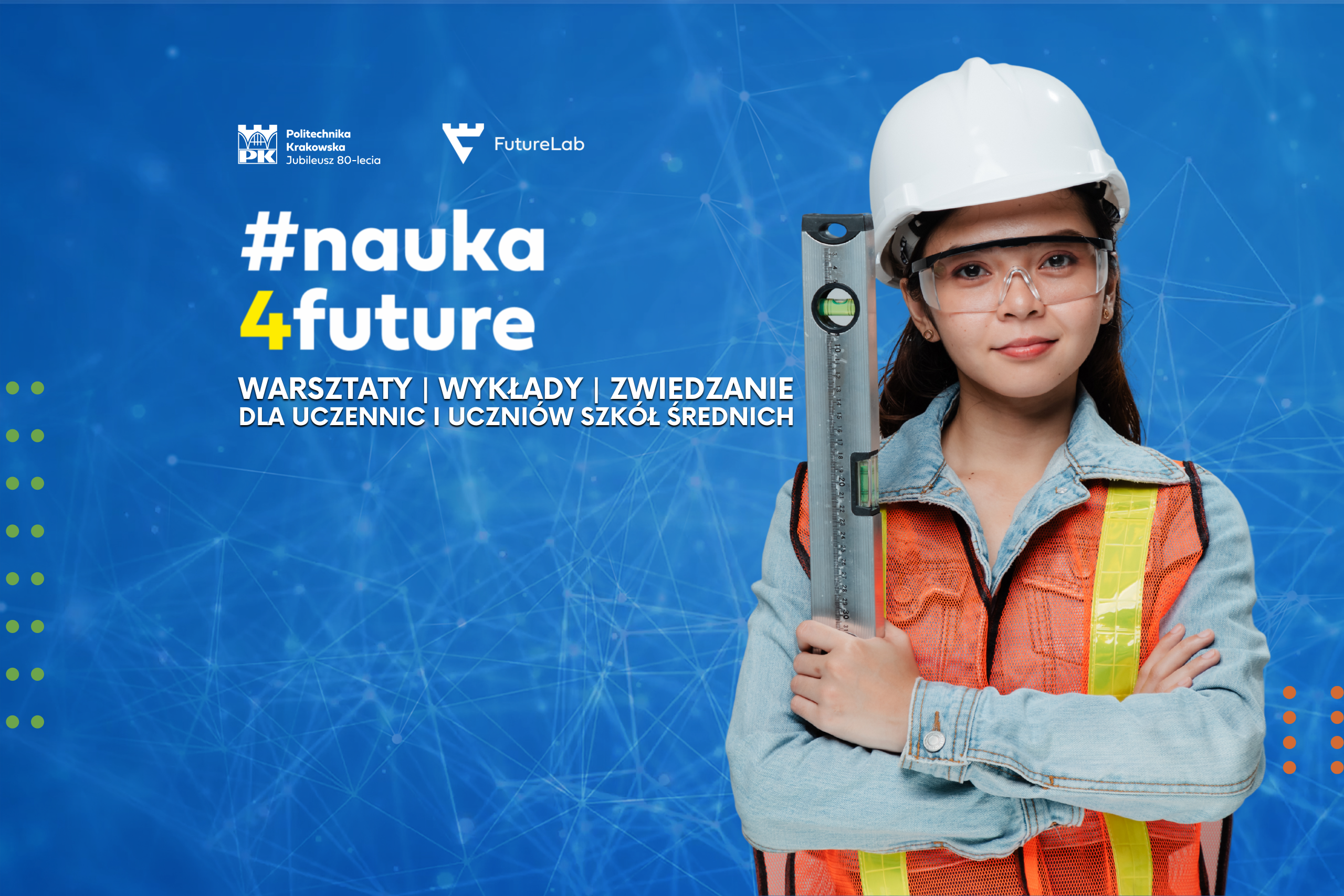 Grafika promocyjna z wizerunkiem wróżki trzymającej kulę, utrzymana w magicznej, fioletowej kolorystyce. Po lewej stronie widnieje hasło: „WRÓŻKA POLIBUSZKA – wykonaj test i dowiedz się, co studiować!”. Grafika zachęca do udziału w psychoteście pomagającym wybrać kierunek studiów.