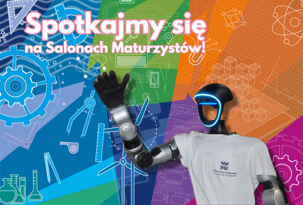 Kolorowe tło, w prawym dolnym rogu robot humanoidalny podnoszący rękę w geście pozdrowienia