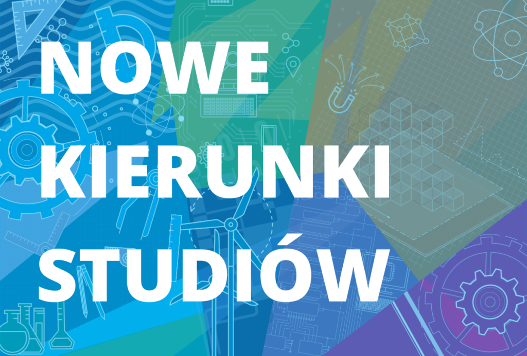 Biały napis "nowe kierunki studiów" na kolorowym tle