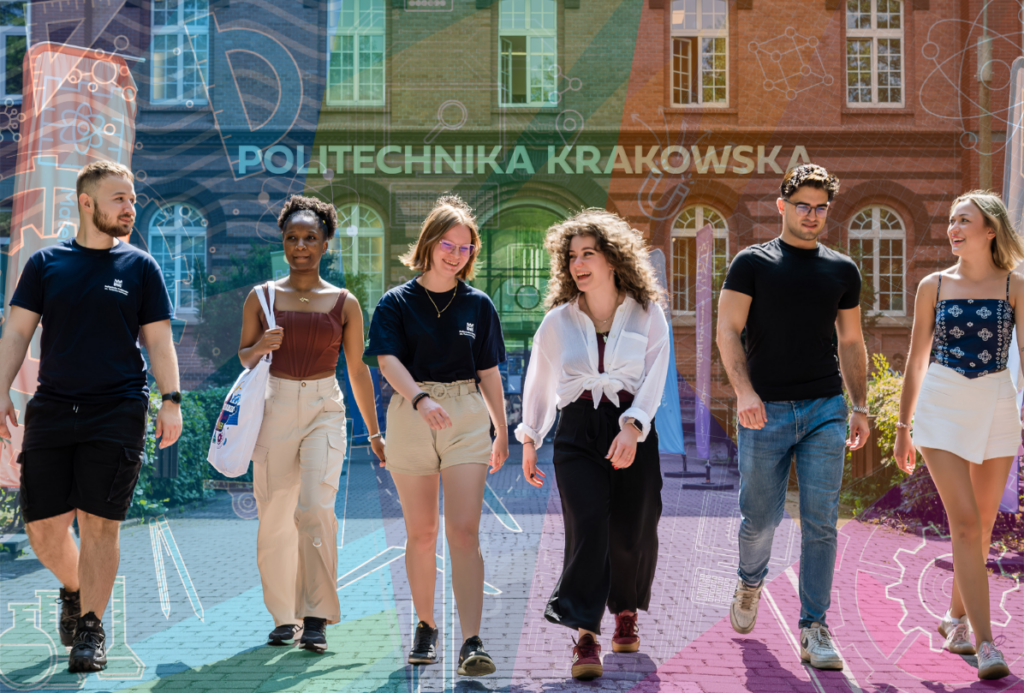 Grupa roześmianych studentek i studentów idzie chodnikiem. Za nimi ceglany budynek z napisem "Politechnika Krakowska"